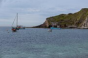 Lulworth Cove in Dorset, England in May 2021.