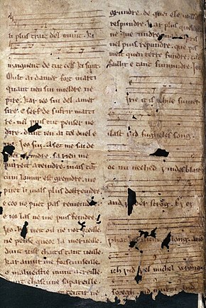 Beschädigte Pergamentseite mit altfranzösischem und mittelenglischem Text und Mensuralnotation