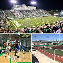 Clockwise: Joan C. Edwards Stadium, Dot Hicks Field, Cam Henderson Center. MU Athletics Collage 2021.jpg