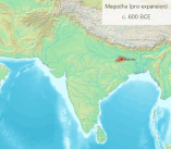 Territory of Magadha and the Maurya Empire between 600 and 180 BCE, including Chandragupta's overthrow of the Nanda Empire (321 BCE) and gains from the Seleucid Empire (303 BCE), the southward expansion (before 273 BCE), and Ashoka's conquest of Kalinga (261 BCE).[9]