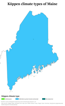 Koppen climate types in Maine, showing the state to be warm-summer humid continental. Maine Koppen.png