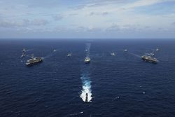 Image of United States ships participating in the Malabar 2007 naval exercise. Aegis cruisers from the navies of Japan and Australia, and logistical support ships from Singapore and India in the Bay of Bengal took part.