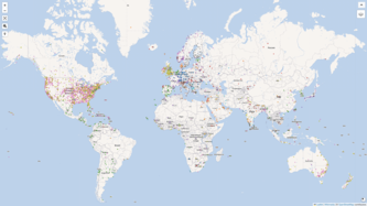 World map showing news outlets with a Wikipedia (en) article