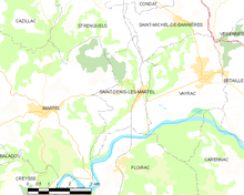 Mapa sa komyun sa Saint-denis-lès-martel ug naglibot nga mga munisipyo.