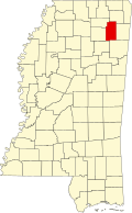 Kort over Mississippi med Lee County markeret