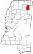 Harta statului Mississippi indicând comitatul Lee