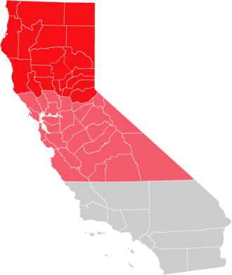 Map of California with "Upstate California" shown in dark red. Northern California includes both the red and the light red counties. Map of Northern and Upstate California.png