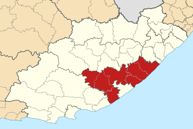 Kaart van Suid-Afrika wat Amathole in Oos-Kaap aandui