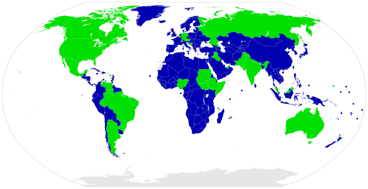 A world map distinguishing countries of the world as federations (green) from unitary states (blue).    Unitary states   Federations