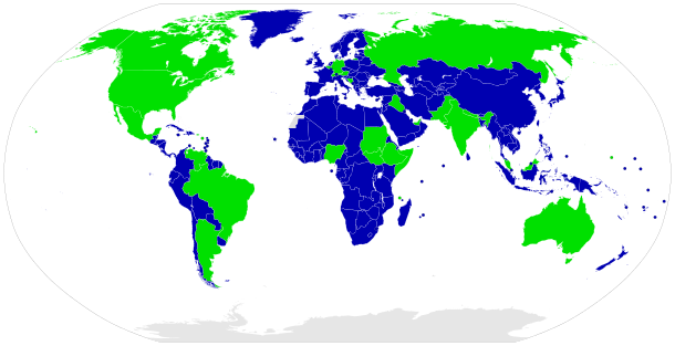 A world map distinguishing countries of the world as federations (green) from unitary states (blue)
Unitary states
Federations Map of unitary and federal states.svg