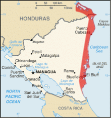 The former British colony of Mosquito Coast is marked in red. Mapa Miskito.png