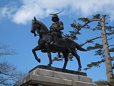 Jazdecká socha Masamuneho na hrade Sendai