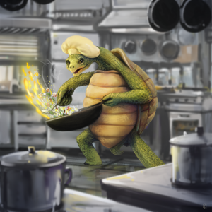 Illustration of a cartoon turtle cooking in the Kitchen