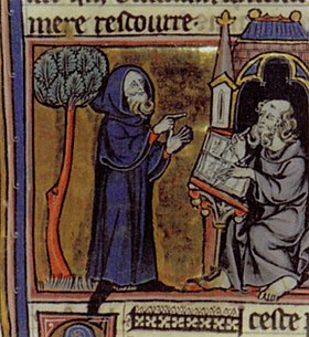 Merlin Dictating Prophecies to the Hermit Blaise (miniatură franceză din secolul al XIII-lea după romanul lui Robert de Boron, care a fost scris în jurul anului 1200)