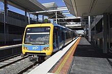 A Metro Trains Melbourne X'Trapolis 100 train arriving at Mitcham station Metro Trains Melbourne Xtrapolis at Mitcham.jpg