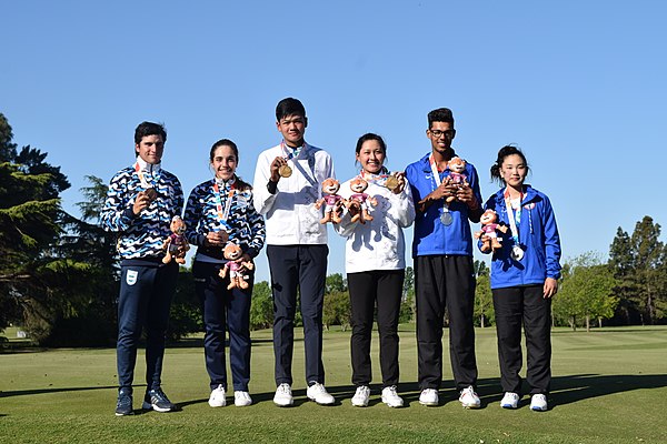 Thitikul (third from right) in the victory ceremony at the 2018 Summer Youth Olympics