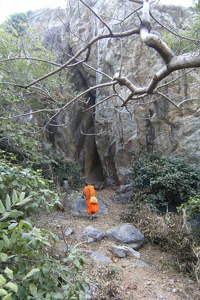 File:Monk in the hills around Vulture Peak Rajgir, Bihar, India.jpg