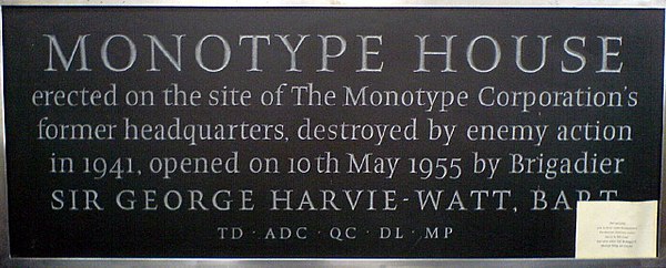 The founding-stone of the former Monotype House in London, now in the collection of the Type Archive, London.