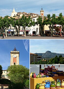 Clockwise from top: city centre, Garlaban hill, Aubagne Market, Tour de l'Horloge