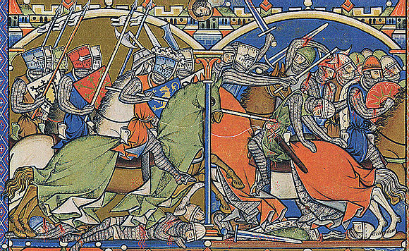 Battle scene from the Morgan Bible of Louis IX showing 13th-century swords