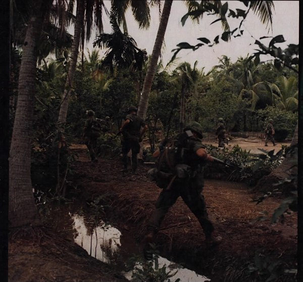 Men of Company "D", 4th Battalion, 12th Infantry cross a stream during Operation Toan Thang II, 2 October 1968