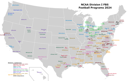 Map of the FBS football programs, 2024 NCAA FBS programs.png