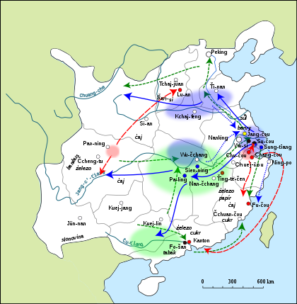 Mapa Číny, vyznačeny oblasti pěstování a schéma obchodu s rýží a potravinami, bavlnou a bavlněnými látkami a hedvábí. Vyznačena významná hospodářská centra.