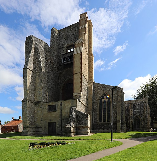 The ruined tower of the parish church, St Nicholas Church, North Walsham.