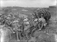 Northumberland Fusiliers in a reserve trench at Thiepval, September 1916. Northumberland Fusiliers at Thiepval Sept 1916 IWM Q 1349.jpg