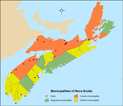 Distribution of Nova Scotia's 49 municipalities by municipal status type; villages are not shown as they are subdivisions of county or district municipalities Nova Scotia municipalities 2020.png