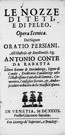 Title page of the libretto, 1639 Nozze di Teti e di Peleo Orazio Persiani Venice 1639 title page.jpg