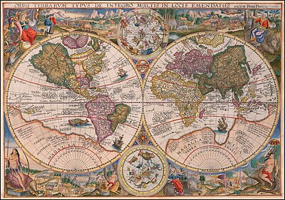 A vintage world map with a southern hemisphere dominated by a massive landmass not resembling Antarctica in any way.