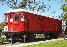 Car #1734 served as the Red Car Museum between 1981 and 2021, at the corner of Main Street and Electric Avenue in Seal Beach, California. PacificElectricMuseum.jpg