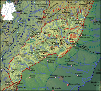 Location of the Wasgau (lightened) in the southern part of the Palatinate Forest and in the eastern part of the northern Vosges