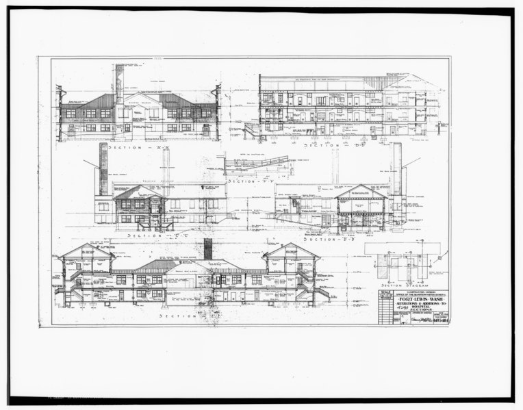 File:Photocopy of 1940 architectural drawing titled- 'Alternations and Additions to (4290) Hosital, Sections' includes section and elevation views. Dated 4-12-40. HABS film is a HABS WASH,27-FOLEW,2A-9.tif