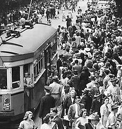 The trams on the eastern suburbs route, from Central station to Circular Quay via Pitt Street, suffered damage from the hail. Pitt St Tram cropped.jpg