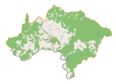 Mapa konturowa gminy Piwniczna-Zdrój, po lewej znajduje się punkt z opisem „Parafia Matki Bożej Nieustającej Pomocy”
