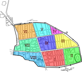 Plànol de Pompeia, amb les distintes regiones o districtes en què estava dividida