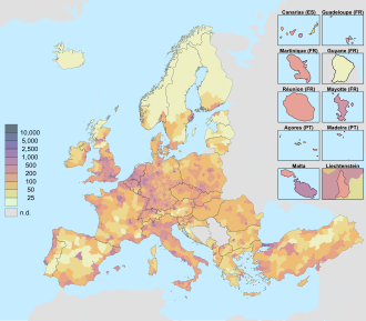 Population density in the European Union and the EFTA countries, along with candidate countries (2017) Population density by NUTS 3 region (2017).svg