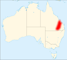 Bývalé rozšíření papouška překrásného v Austrálii (červeně)