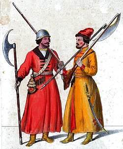 Strelcy v 17. století, barevně upravená ilustrace Alexandra Vasiljeviče Viskatova (1804-1858) z 19. století.