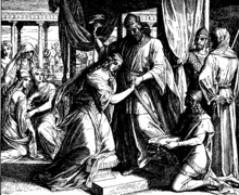 Esther is crowned in this 1860 woodcut by Julius Schnorr von Karolsfeld. Schnorr von Carolsfeld Bibel in Bildern 1860 129.png