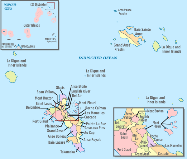 Seychelles, administrative divisions (+outer islands +details) - de - colored.svg