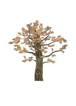 Computer generated image of tree with trown trunk with owl in the trunk's hole and with light brown leaves.