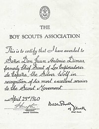 The Silver Wolf Award certificate presented to Juan Antonio Dimas, former Chief Scout of Spain, just a few months after the end of the Spanish Civil War. Spanish Scouting was disbanded by the Franco's regime in that same year. Silver Wolf Dimas 1940.jpg