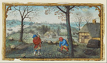 Woodcutting, miniature from a set of Labours of the Months by Simon Bening, c. 1550 Simon Bening (Flemish - Gathering Twigs - Google Art Project.jpg