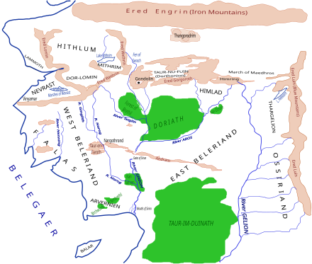 Sketch map of Beleriand in the First Age. Thingol's woodland realm of Doriath is in the centre; Nan Elmoth is the smaller forest near its eastern edge. Sketch Map of Beleriand.svg