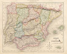 Map of 1841, made by J. Archer, showing for Spain the territorial division of Floridablanca of 1785. Spain and Portugal 1841 Archer.jpg