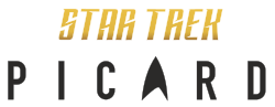 Guldfärgade bokstäver med orden Star Trek och under det namnet Picard i svart
