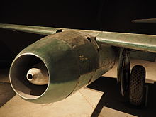 Junkers Jumo 004, the first production turbojet in operational use Starboard Junkers Jumo 004 engine of the Me 262 at the Australian War Memorial May 2015.jpg